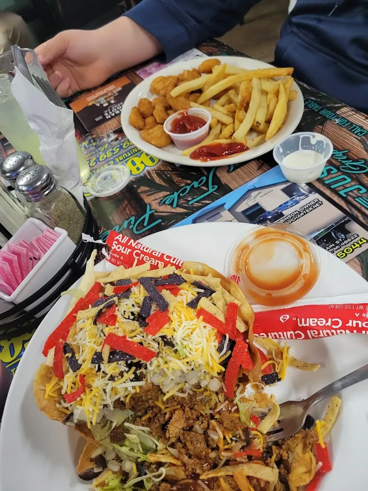 Taco Salad and Fried Shrimp with Fries